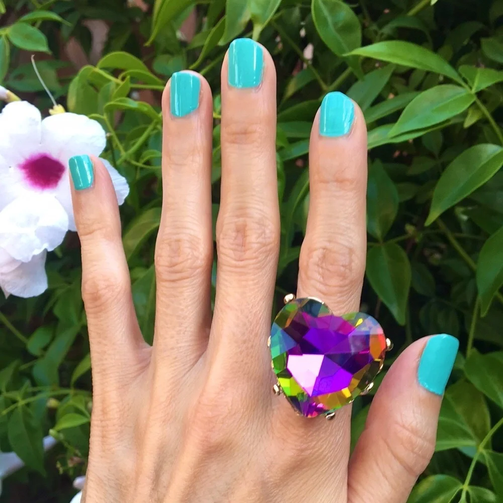 Oversized Heliotrope Crystal Heart + Gold Cocktail Statement Ring
